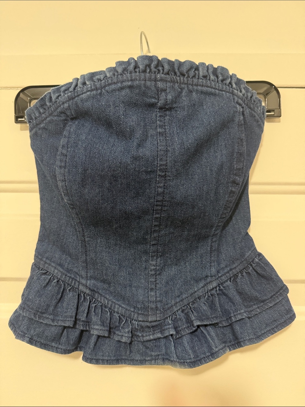 GAP X Love Shack Fancy Denim Strapless Ruffled Top
